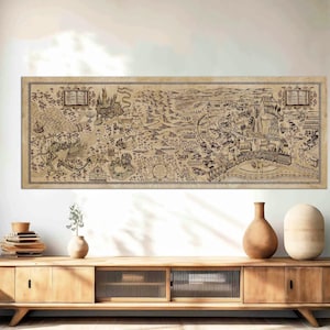 May include: A large, rectangular map print with a vintage aesthetic. The map is detailed with illustrations and text in shades of brown and beige, framed by a dark border. The print is displayed above a wooden cabinet with decorative items.