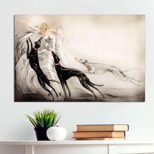 Canvas Deco, Fashion Lady, Greyhound Dogs Coursing by Louis Icart, French Vintage Canvas Modern Art, Fashion Art CANVAS Print Ready to Hang.
