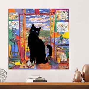 Henri Matisse Style Cat Canvas Print, Matisse Open Window Cat Poster, Black Cat Art, Cat Print, Housewarming Cat Gift, Canvas Ready to Hang