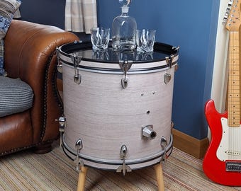 Duży stolik kawowy Drum, słoje drewna, szerokość 52 cm, kawa, bok, prawdziwy bas, męska jaskinia, steampunk