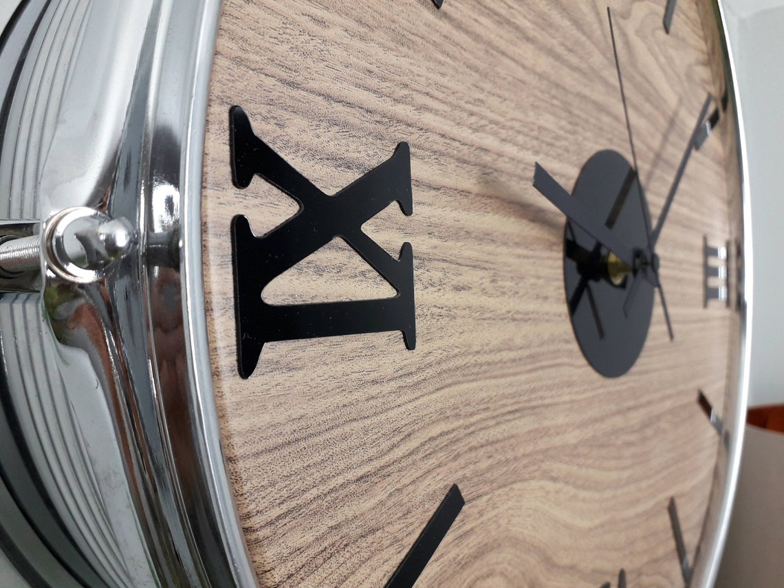 Large 15 real drum wall clock chrome sides and wood Etsy
