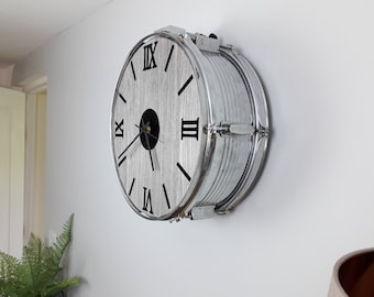 Large Chrome Drum Wall Clock, Light Grey Wood Grain, Industrial Decor