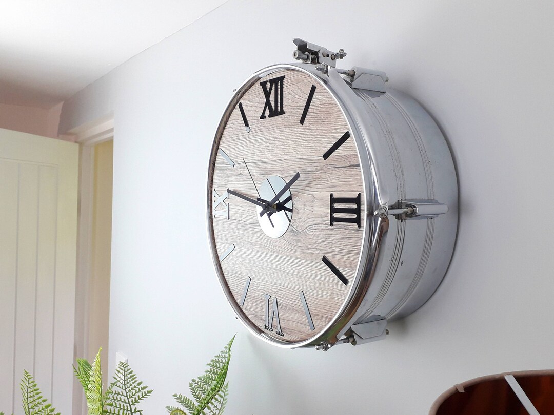 Large 15 Chrome Real Drum Wall Clock Light Wood Grain Etsy