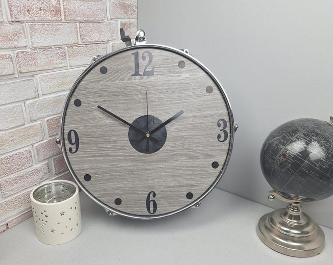 Real 15" Drum Wall clock, chrome side, grey wood face, vintage industrial steam punk