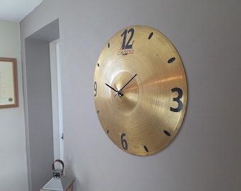 Duży 20-calowy zegar ścienny z talerzem perkusyjnym, miedź, styl vintage, industrialny, steampunk, poddany recyklingowi, retro, mosiądz, jaskinia mężczyzny