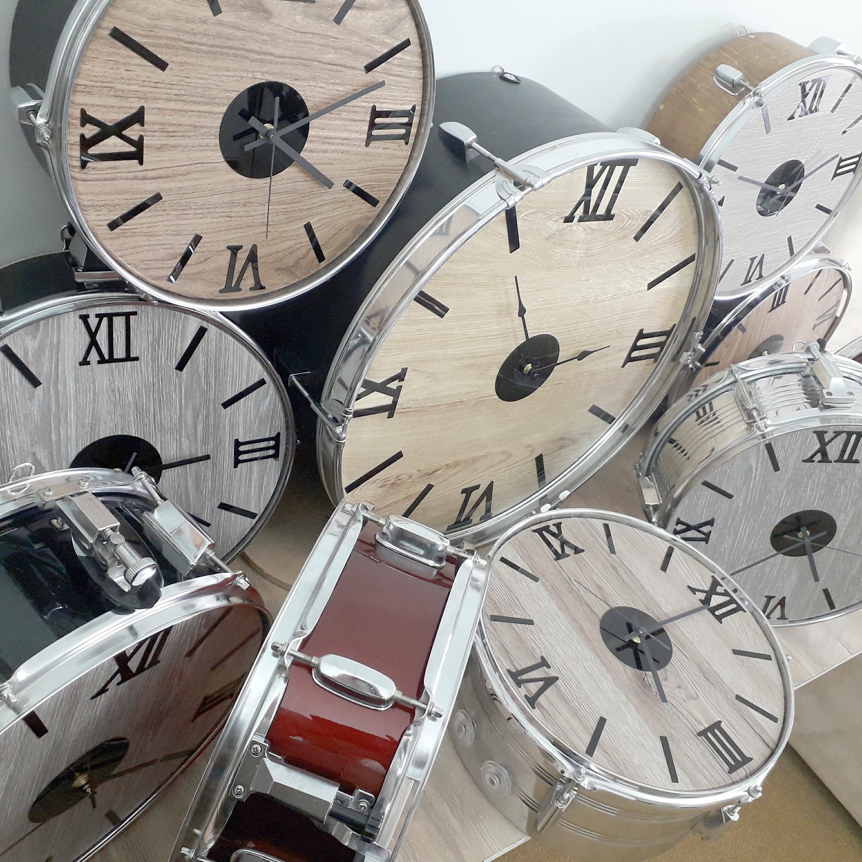 Large 15 Chrome Real Drum Wall Clock Light Wood Grain Etsy