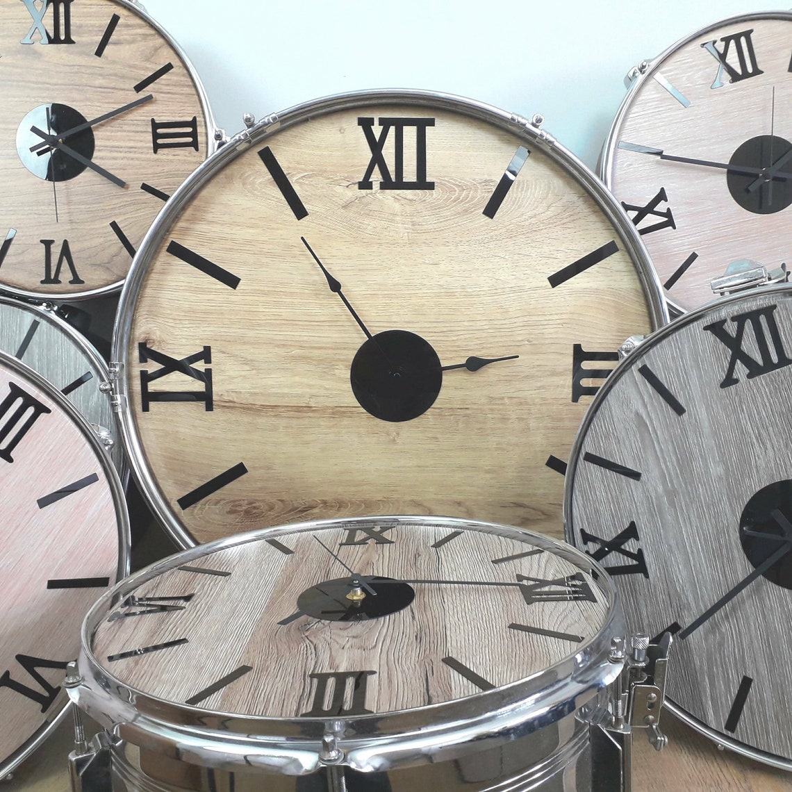Large 15 real drum wall clock chrome sides and wood Etsy