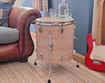 Stolik kawowy Drum 16", słoje drewna, szerokość 44 cm, bok, prawdziwy Tom, męska jaskinia, steampunk