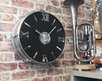 Large Drum Wall Clock, Chrome and Black Wood, Industrial Vintage Decor