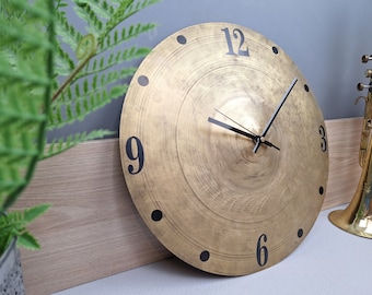 Zegar ścienny z talerzem perkusyjnym 16 cali, miedź, styl vintage, industrialny, steampunk, z recyklingu, retro, mosiądz, męska jaskinia