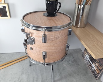 Stolik kawowy Drum 12", usłojenie drewna, szerokość 52 cm, bok, prawdziwy TOM TOM, męska jaskinia, steampunk
