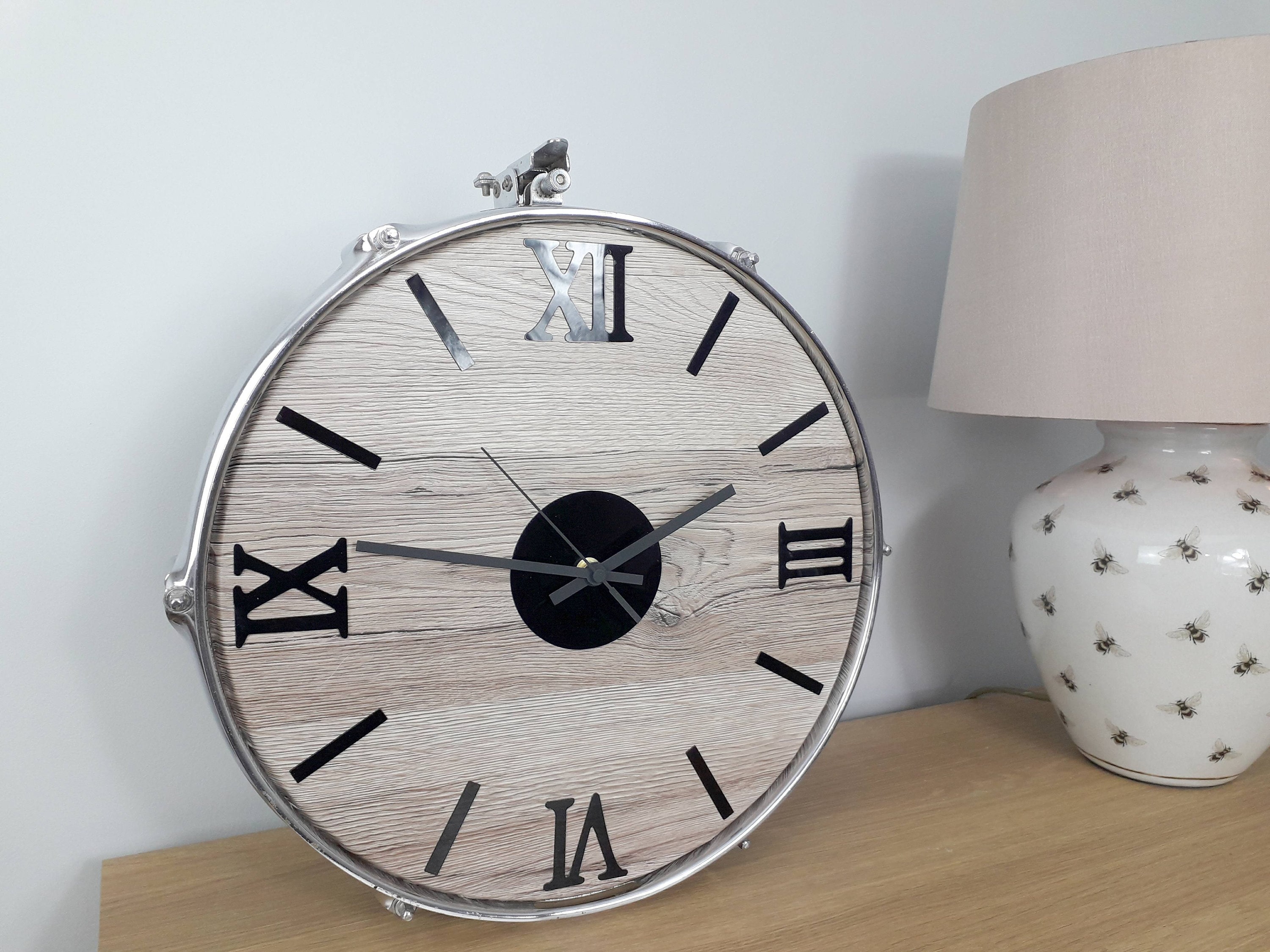 Large 15 Chrome Real Drum Wall Clock Light Wood Grain Etsy
