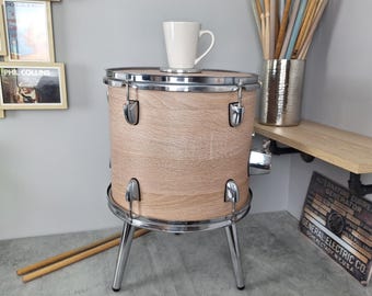 Stolik kawowy Drum 13", usłojenie drewna, szerokość 52 cm, bok, prawdziwy TOM TOM, męska jaskinia, steampunk