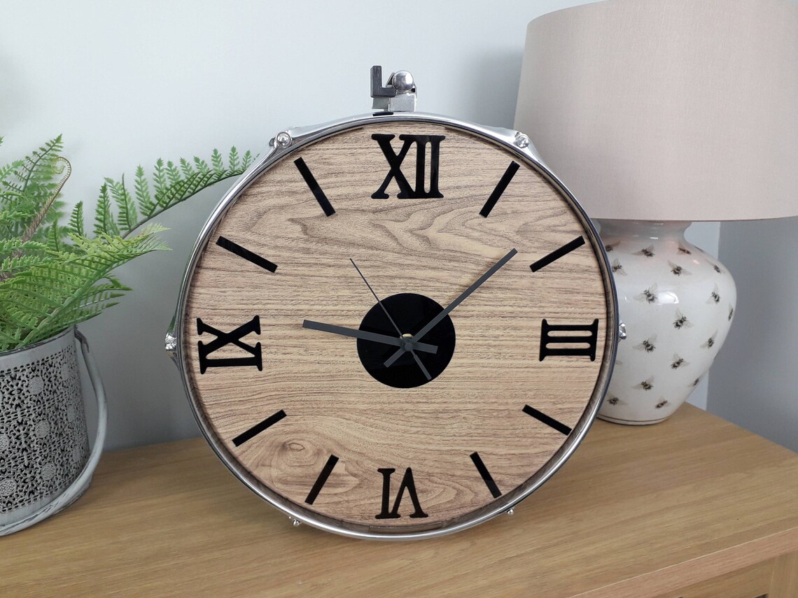 Large 15 real drum wall clock chrome sides and wood Etsy