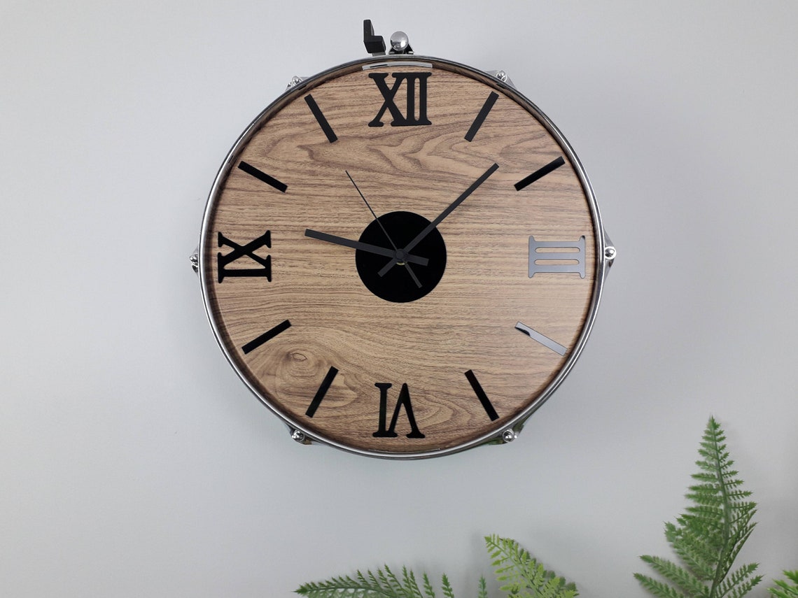 Large 15 real drum wall clock chrome sides and wood Etsy