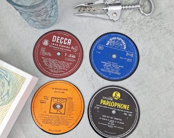 Juego de 4 posavasos de vinilo vintage auténticos / corcho / para amantes de la música / álbum / Motown / hmv / lp