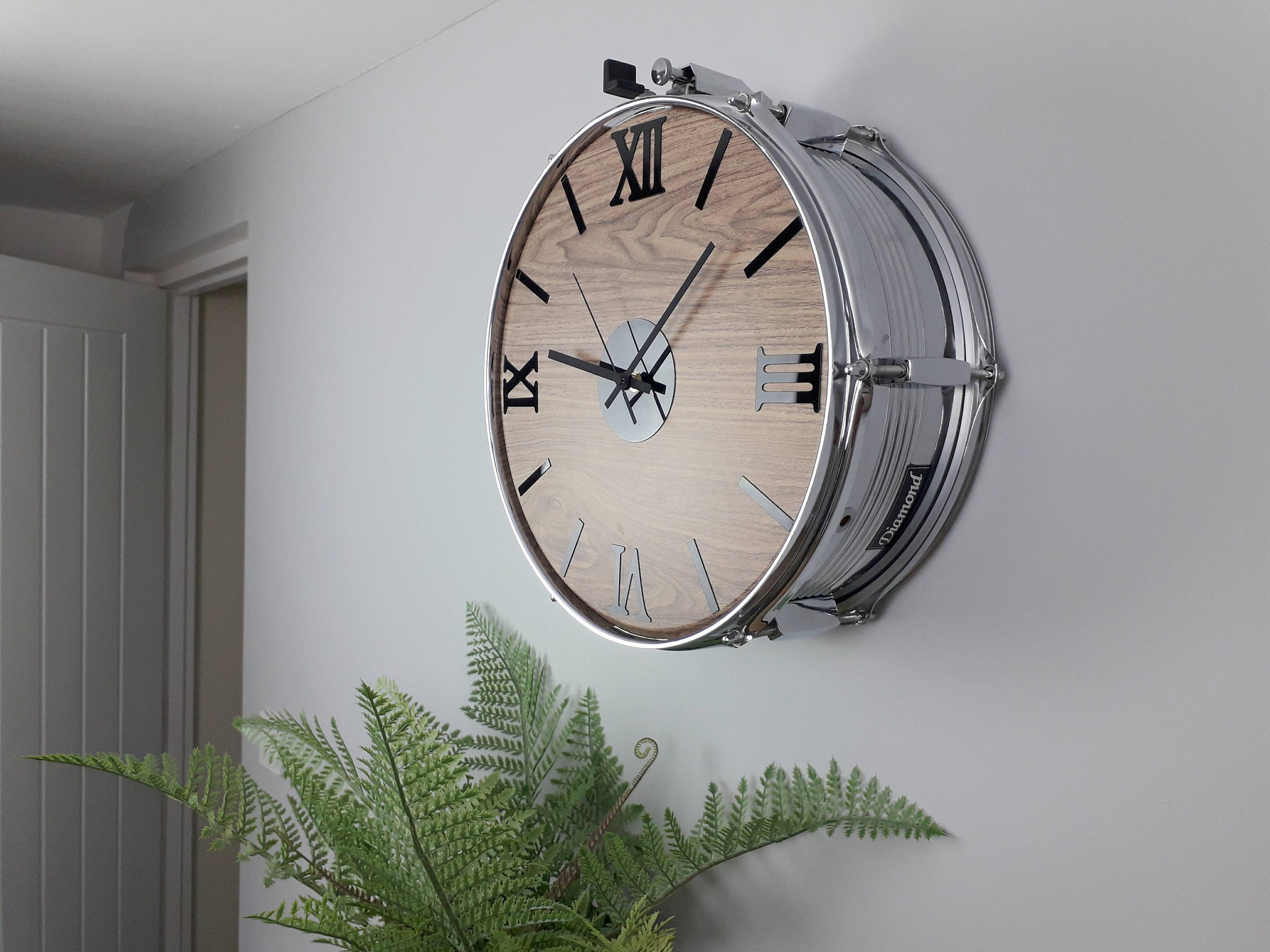 Large 15 real drum wall clock chrome sides and wood Etsy