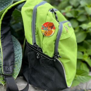 May include: A green backpack with a black mesh pocket and a gold pin featuring a cartoon character with a red afro and a yellow background.