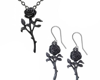 Black Rose Earrings with .925 Sterling Silver Stud Loop Posts Large 