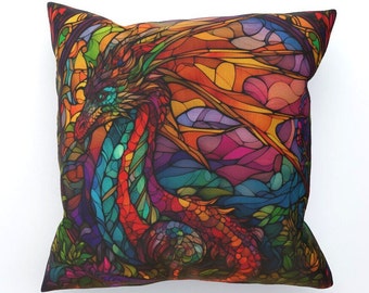 Magical Wishing Dragon, Stained Glass Window Effect Cushion, Double-Sided - Size Options: 30cm x 45cm, 30cm x 30cm, 45cm x 45cm, 60cm x 60cm