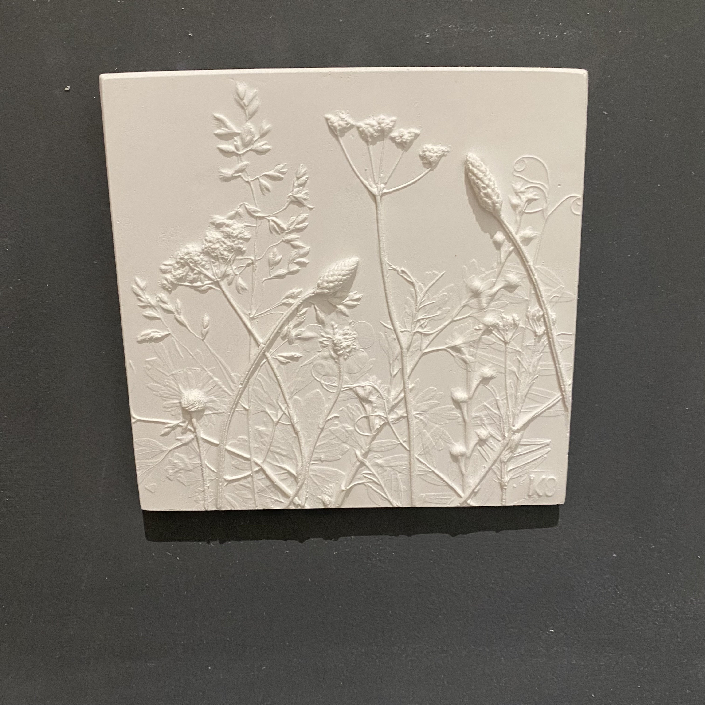 Wild Garden III. Botanical Bas Relief Tile, Hand Made, Plaster Art