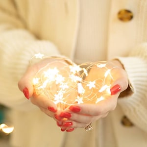 May include: A person's hands holding a string of white fairy lights with star-shaped bulbs. The lights are glowing and creating a warm, festive atmosphere.