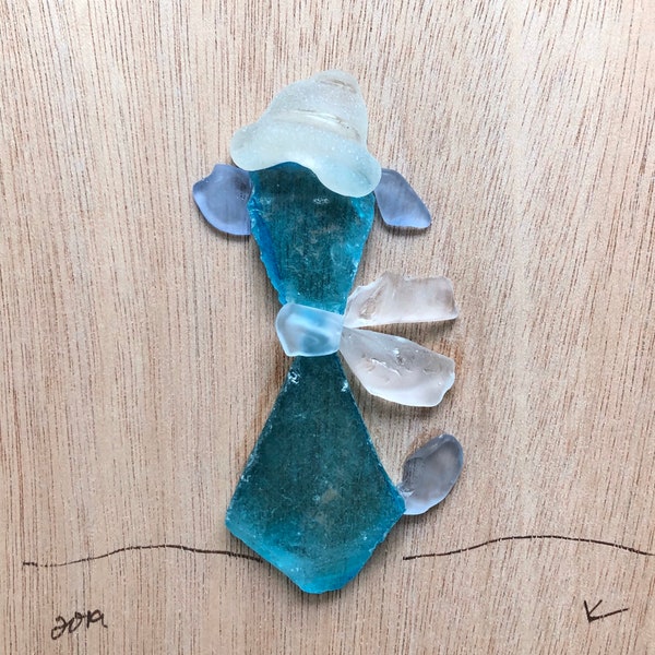 Bundle Up, Pup (turquoise/white) - sea glass art, beach glass, pet lover, dog art, desktop art, original, handmade, unique, winter