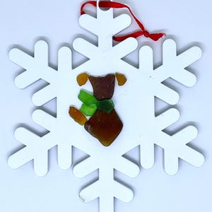 Winter Pup Snowflake Ornament - beach glass, sea glass art, winter, Christmas, dog, snowflake, holiday decor, original, handmade, unique