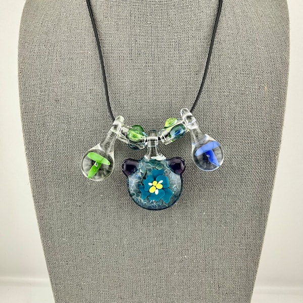 Flower and Mushroom Glass Handmade into One of a Kind Necklace