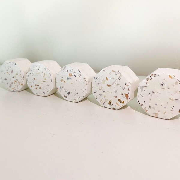 Concrete furniture knobs / drawer knobs - Natural pearly shell terrazzo effect.