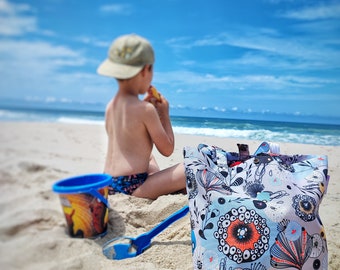 Dziecięca torba plażowa do zbierania muszelek, nadrukowana beżowa siatkowa torba na zabawki do basenu i na plażę, spersonalizowana dziecięca torba na muszelki, worek na piasek do piaskownicy