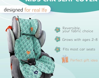 Cute Car seat liner universal from organic cotton, Reversible child car seat cover, Car accessories for children