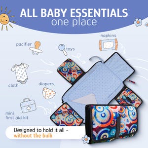 May include: A baby essentials organizer with a blue interior and a colorful exterior. The image includes illustrations of a pacifier, toys, cloth, diapers, napkins, and a mini first aid kit. Text reads "ALL BABY ESSENTIALS one place".