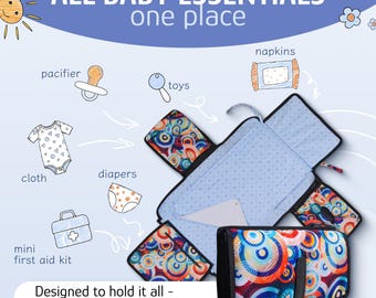 May include: A baby essentials organizer with a blue interior and a colorful exterior. The image includes illustrations of a pacifier, toys, cloth, diapers, napkins, and a mini first aid kit. Text reads "ALL BABY ESSENTIALS one place".