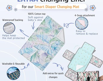 May include: An extra changing liner for a smart diaper changing mat featuring a tropical leaf and floral print in blue, green, and purple. The liner includes a 100% cotton top, waterproof backing, and a 4-snap attachment system for easy replacement.