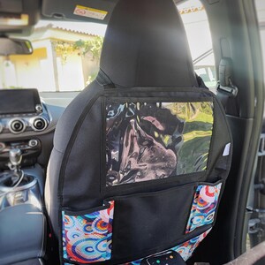 Kids Car Seat Organizer with iPad Touch Screen Tablet Holder, Cute car accessories with tropical print for perfect road trip, Toy organizer Circles