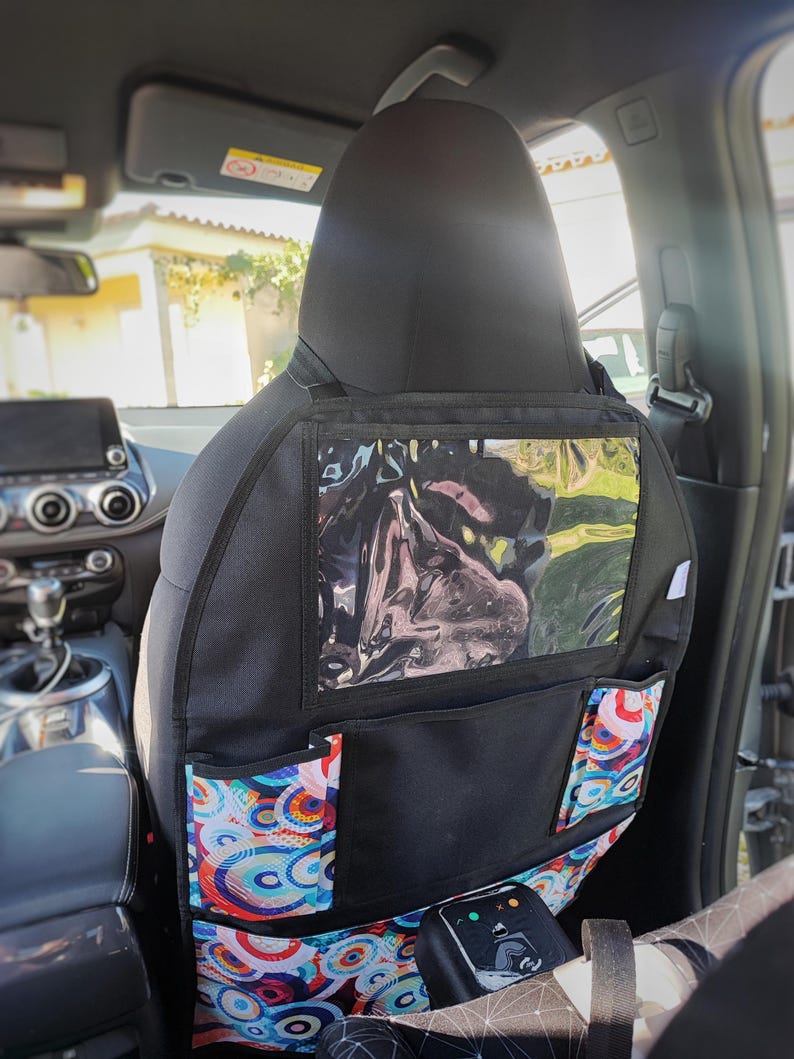 Kids Car Seat Organizer with iPad Touch Screen Tablet Holder, Cute car accessories with tropical print for perfect road trip, Toy organizer Circles
