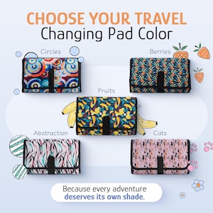 May include: A display of travel changing pads with various patterns, including circles, berries, fruits, abstraction, and cats. The text "CHOOSE YOUR TRAVEL Changing Pad Color" is at the top, with the tagline "Because every adventure deserves its own shade."