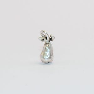 Peut inclure: Un petit pendentif argenté en forme de poire. Le pendentif a une surface texturée et une boucle en haut pour une chaîne. Le haut de la poire a un motif en forme de feuille. Le pendentif est posé sur un fond blanc.