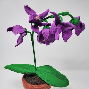 Op de afbeelding: Een handgebreide orchideeplant in een terracotta pot. De orchidee heeft levendige paarse bloemen met gele centra, groene stelen en grote groene bladeren. De pot en de plant zijn gemaakt van garen, waardoor een uniek en decoratief stuk ontstaat.