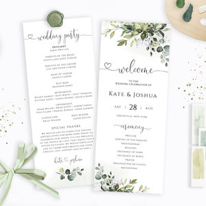 Greenery Wedding Program Template, Eucalyptus Program for Wedding, Order of Ceremony, FPE