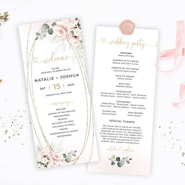 Blush Pink Floral Wedding Program Template, Printable Wedding Order of Events, Digital Download, Templett, FPBP