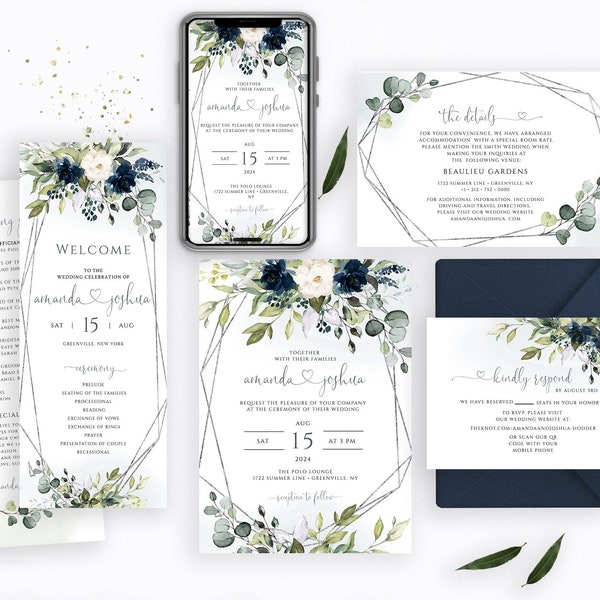 Blue Navy Wedding Invitation Set, Eucalyptus Wedding Bundle, RSVP, Detail, Program, Electronic Invite, FPNB