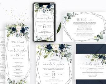 Blue Navy Wedding Invitation Set, Eucalyptus Wedding Bundle, RSVP, Detail, Program, Electronic Invite, FPNB