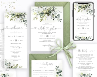 Greenery Wedding Invitation Set, Eucalyptus Wedding Bundle, Editable Templates, Templett, FPE