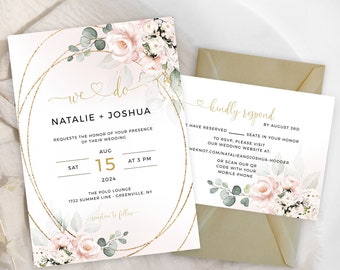 Blush Pink Floral Wedding Invitation and RSVP Card Template, Printable Wedding Invite, Editable Templates, Instant Download, Templett, FPBP