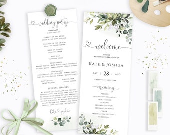 Greenery Wedding Program Template, Eucalyptus Program for Wedding, Order of Ceremony, FPE