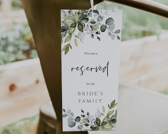 Reserved Chair Tag, Greenery Wedding Seating Tag, Reserved for Bride and Groom, Instant Download, FPE