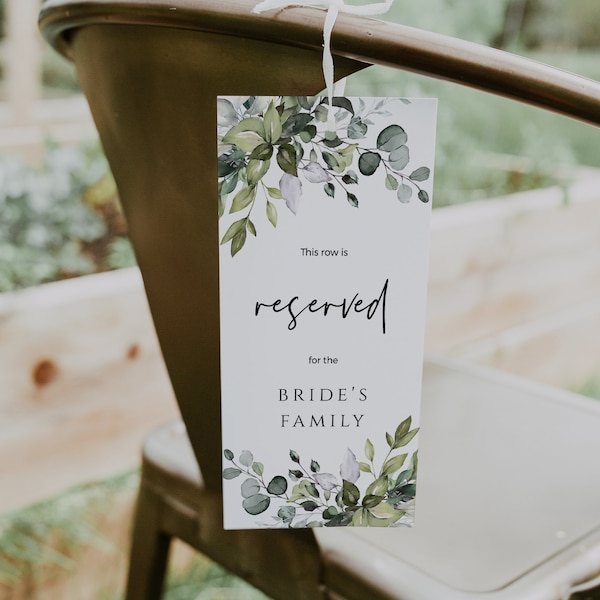 Reserved Chair Tag, Greenery Wedding Seating Tag, Reserved for Bride and Groom, Instant Download, FPE