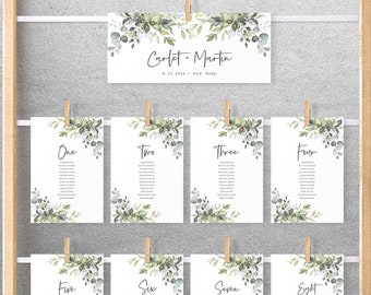 Greenery Seating Chart Template, Wedding Seating Cards, Table Seating Plan, Hanging Cards, Instant Download, Templett, FPE